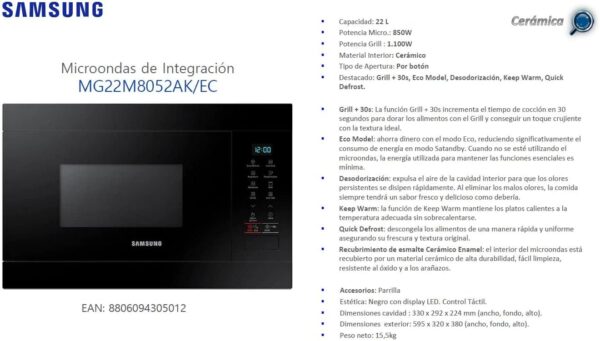 Samsung MG22M8254AK/E1 Microondas Integración 22L 850W/Grill 1100W Negro – Image 3