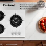 Corberó – Placa de Vidrio Gas Butano |CPCGY2313W | 3 quemadores | Potencia 7,75KW | Zona Wok | Sin autoignición | Apagado automático | Parrilla de hierro fundido | Kit de conversión de gas natural | Blanco - Imagen 3