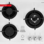 Corberó – Placa de Vidrio Gas Butano |CPCGY2313W | 3 quemadores | Potencia 7,75KW | Zona Wok | Sin autoignición | Apagado automático | Parrilla de hierro fundido | Kit de conversión de gas natural | Blanco