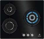 Electrolux KGE6633NOK Placa de Gas 60 cm 3 Zonas, Zona Wok, Controles Frontales, Calor Instantáneo, Autoencendido Electrónico, Termopar de Seguridad, Incluye Inyectores para Cambio, Negro