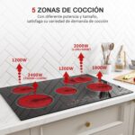 Placa de cocción con 5 luces integradas, vitrocerámica de 5 fuegos, placa eléctrica de 8600 W, temporizador, control táctil, 77 x 52 x 5 cm - Imagen 2