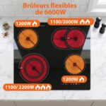 Placa vitrocerámica Topwish de 4 fuegos, vitrocerámica de 60 cm, 6600W, con zonas dobles y ovaladas, cierre de seguridad, indicador de superficie caliente, sin enchufe - Imagen 2