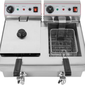 Sartén eléctrica comercial, freidora de aceite eléctrica plateada con 2 cestas, ajustable