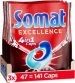 Somat 4 en 1 Excellence Caps (141 Tapas), Pastillas para Lavavajillas de Liberación Rápida